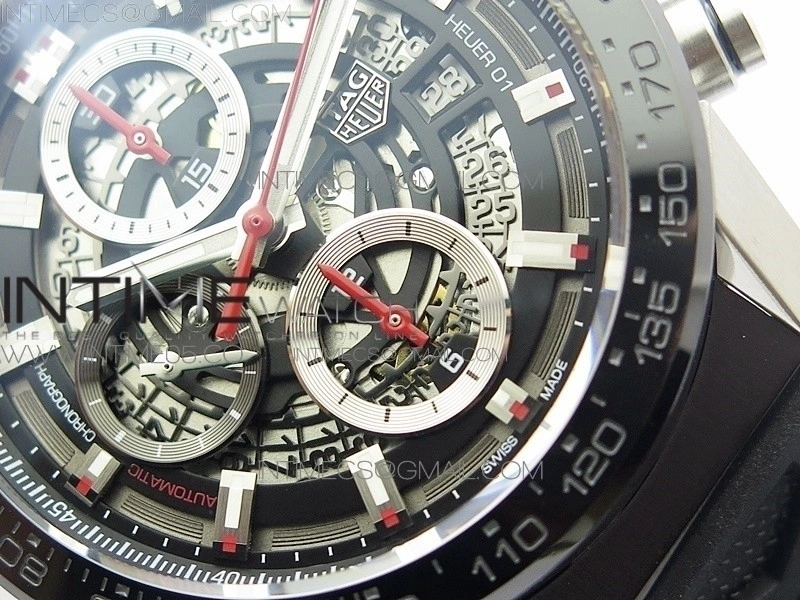 Calibre Heuer 01 Chrono 43mm SS XF 1:1 Best Edition Skeleton Dial on Rubber Strap A1887
