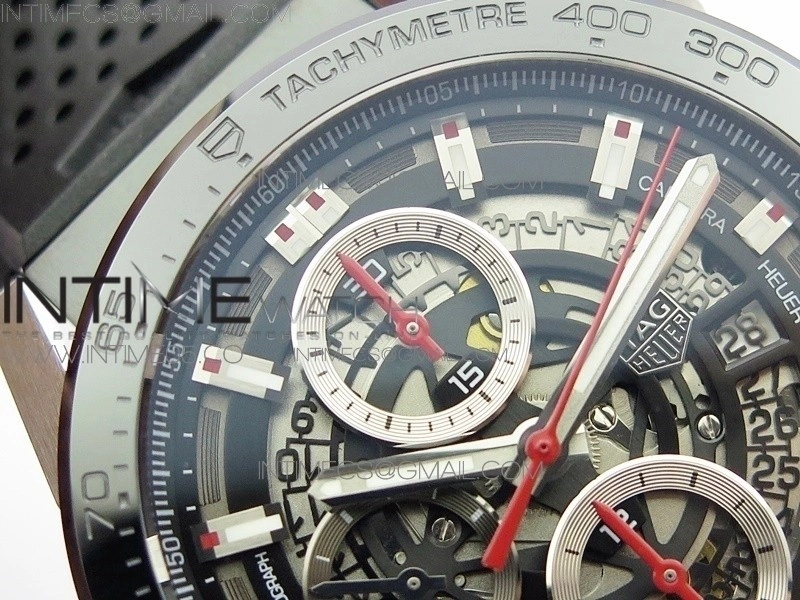 Calibre Heuer 01 Chrono 43mm SS XF 1:1 Best Edition Skeleton Dial on Rubber Strap A1887