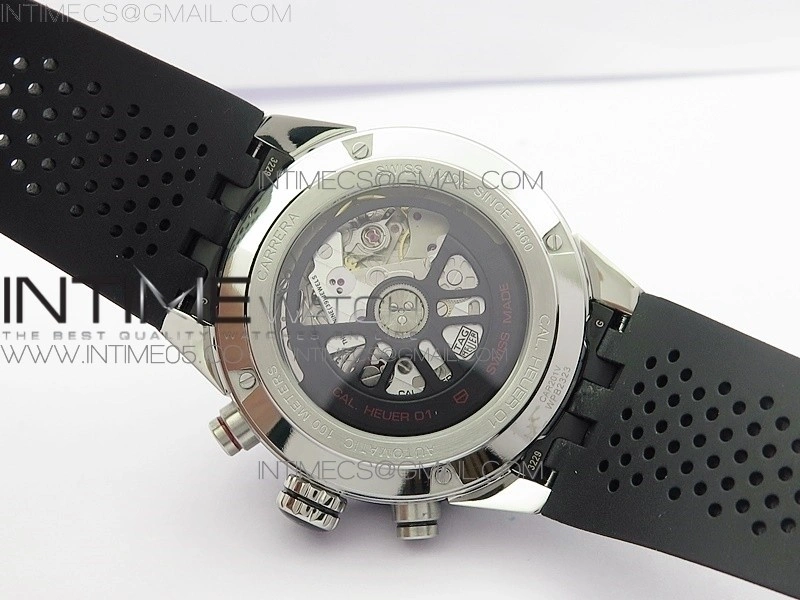 Calibre Heuer 01 Chrono 43mm SS XF 1:1 Best Edition Skeleton Dial on Rubber Strap A1887