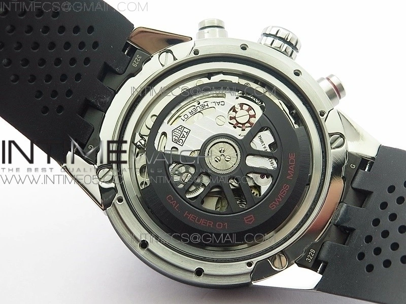Calibre Heuer 01 Chrono 43mm SS XF 1:1 Best Edition Skeleton Dial on Rubber Strap A1887