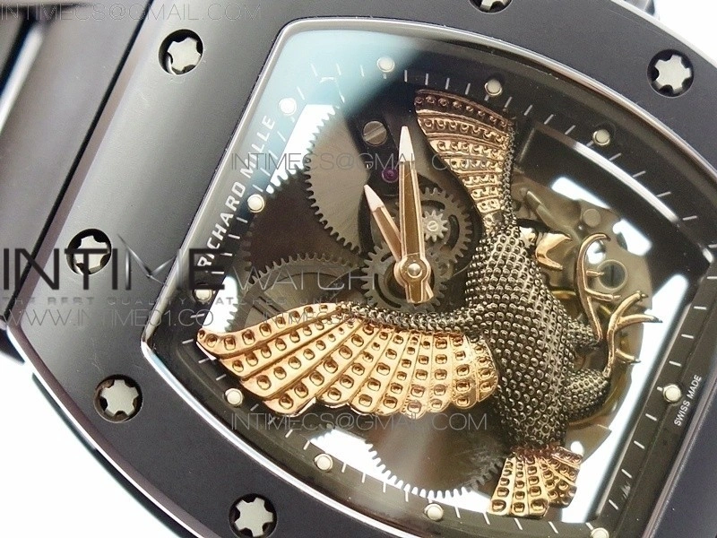 RM023 Real Ceramic Case KVF Best Edition Eagle Skeleton Dial RG Crown on Black Rubber Strap MIYOTA8215