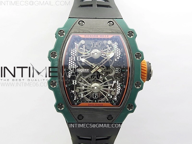 RM021-02 Real Tourbillon Black Carbon RMF Best Edition Skeleton Dial on Black Rubber Strap