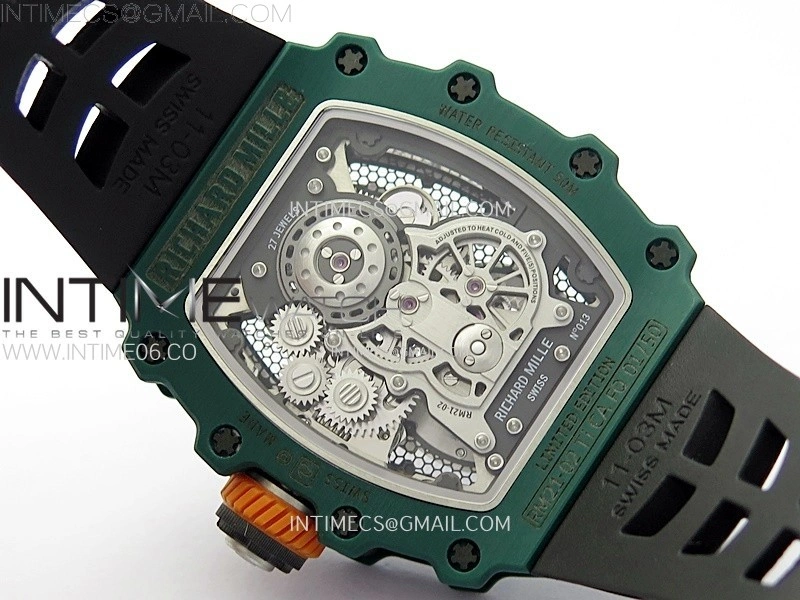 RM021-02 Real Tourbillon Black Carbon RMF Best Edition Skeleton Dial on Black Rubber Strap
