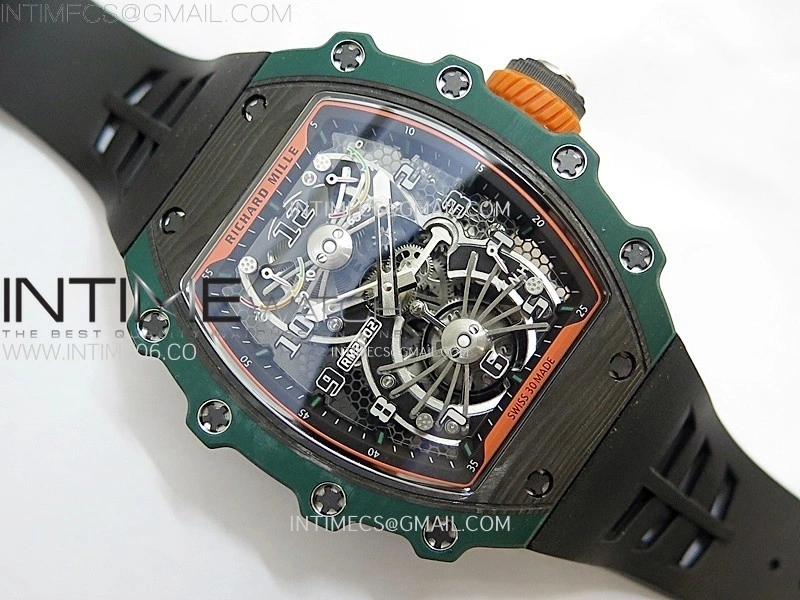 RM021-02 Real Tourbillon Black Carbon RMF Best Edition Skeleton Dial on Black Rubber Strap