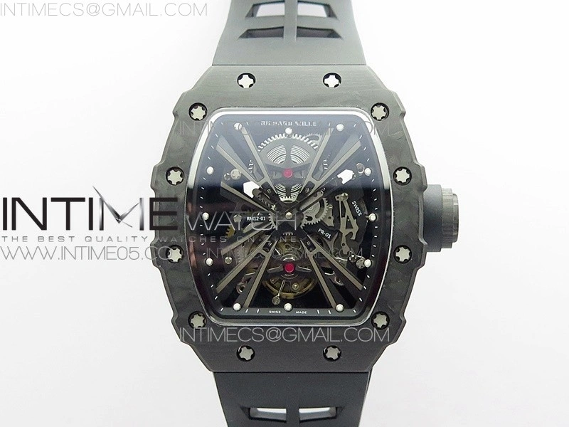 RM12-1 Real Tourbillon Forge Carbon KVF Best Edition Skeleton Dial on Black Rubber Strap