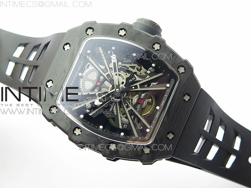 RM12-1 Real Tourbillon Forge Carbon KVF Best Edition Skeleton Dial on Black Rubber Strap