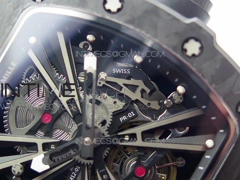 RM12-1 Real Tourbillon Forge Carbon KVF Best Edition Skeleton Dial on Black Rubber Strap