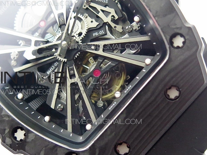 RM12-1 Real Tourbillon Forge Carbon KVF Best Edition Skeleton Dial on Black Rubber Strap