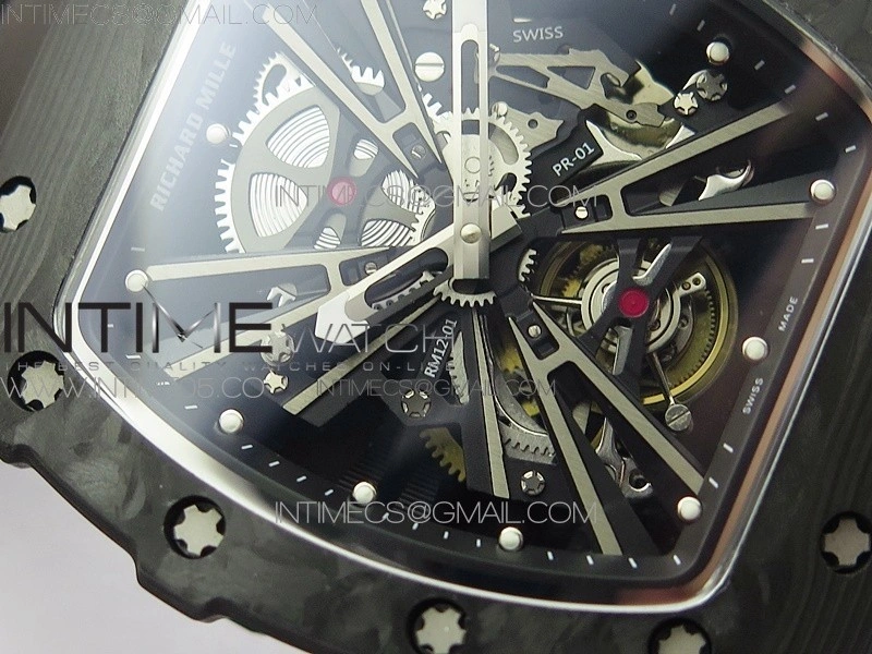 RM12-1 Real Tourbillon Forge Carbon KVF Best Edition Skeleton Dial on Black Rubber Strap