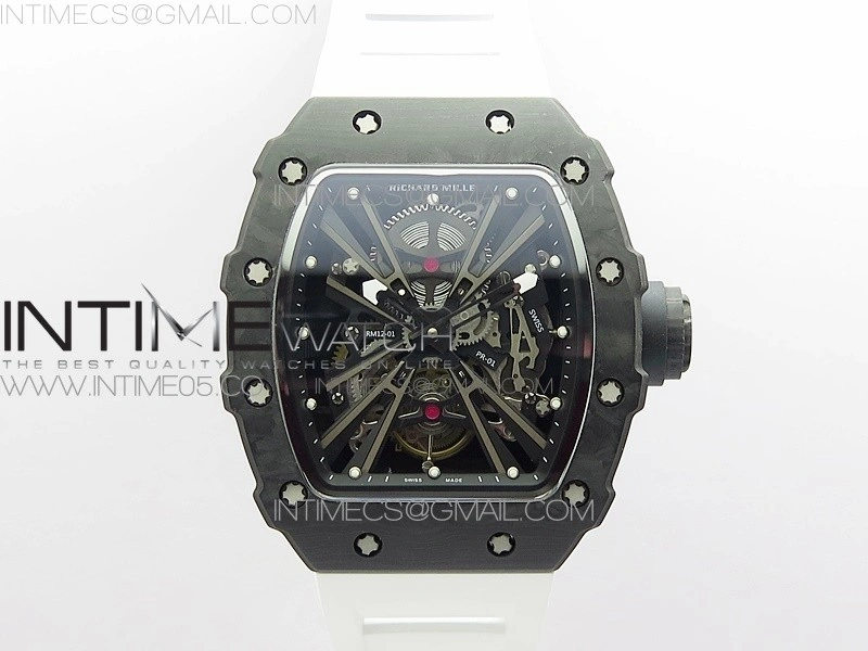RM12-1 Real Tourbillon Forge Carbon KVF Best Edition Skeleton Dial on White Rubber Strap