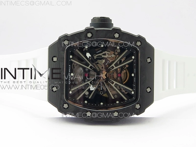 RM12-1 Real Tourbillon Forge Carbon KVF Best Edition Skeleton Dial on White Rubber Strap