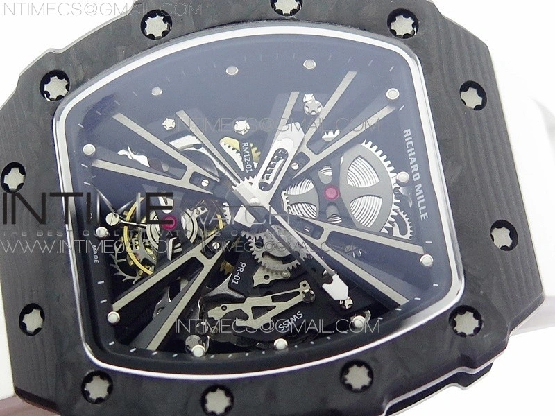 RM12-1 Real Tourbillon Forge Carbon KVF Best Edition Skeleton Dial on White Rubber Strap