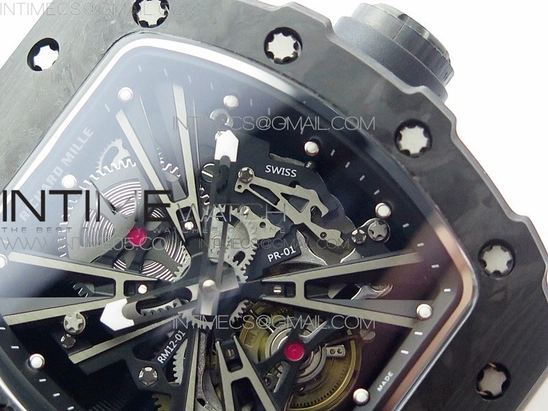 RM12-1 Real Tourbillon Forge Carbon KVF Best Edition Skeleton Dial on White Rubber Strap