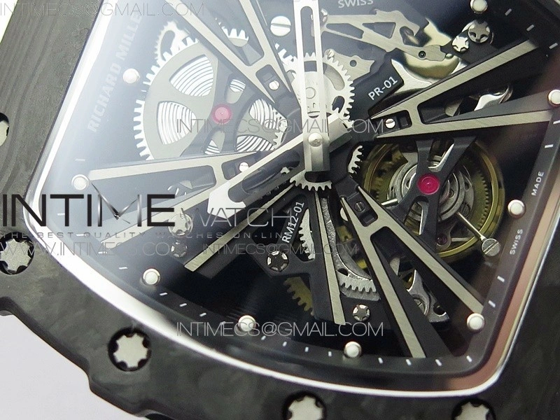 RM12-1 Real Tourbillon Forge Carbon KVF Best Edition Skeleton Dial on White Rubber Strap