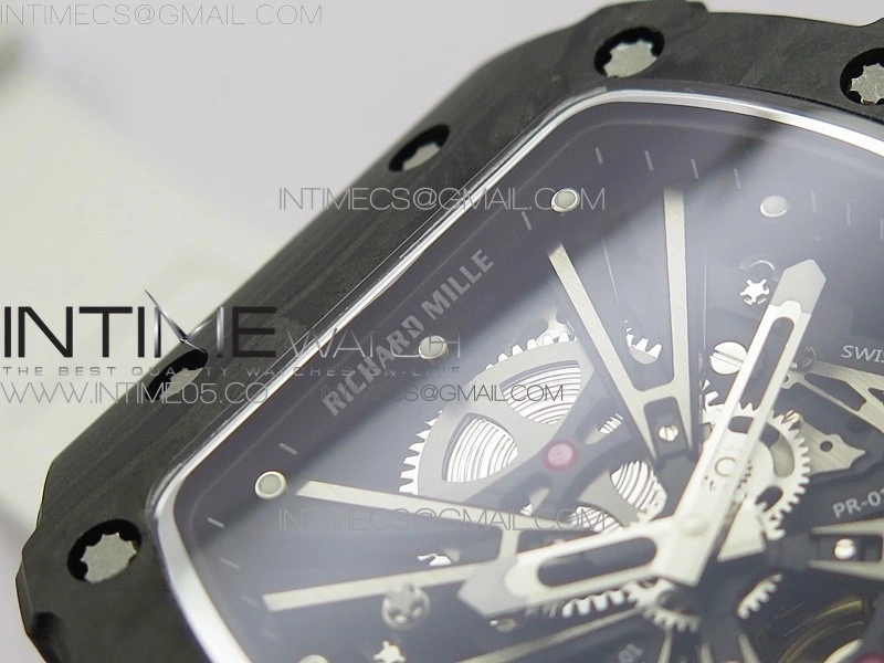 RM12-1 Real Tourbillon Forge Carbon KVF Best Edition Skeleton Dial on White Rubber Strap