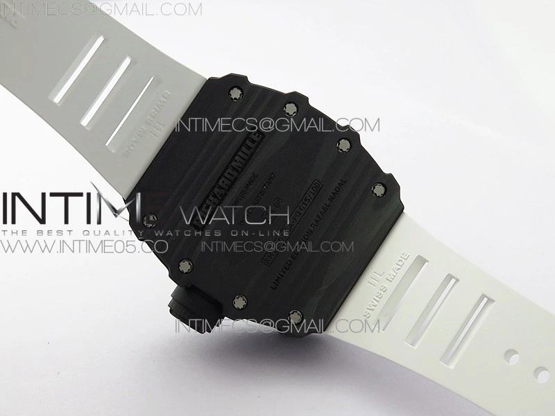 RM12-1 Real Tourbillon Forge Carbon KVF Best Edition Skeleton Dial on White Rubber Strap