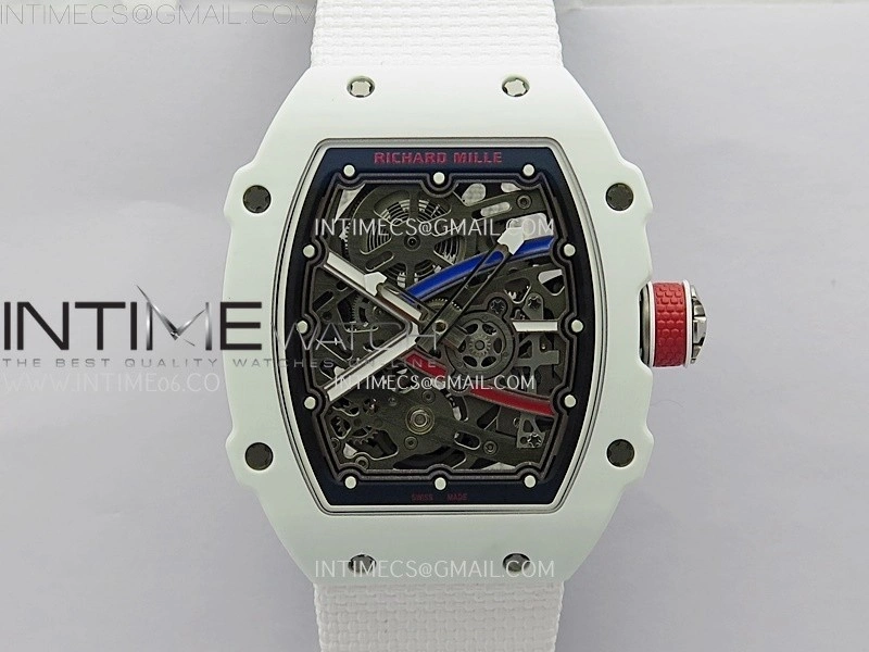 RM67-02 Black Inner Bezel Real White Ceramic 1:1 Best Edition Skeleton Dial On White Nylon strap CRMA7 Clone