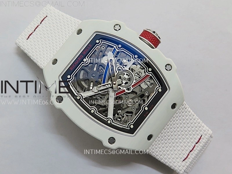 RM67-02 Black Inner Bezel Real White Ceramic 1:1 Best Edition Skeleton Dial On White Nylon strap CRMA7 Clone