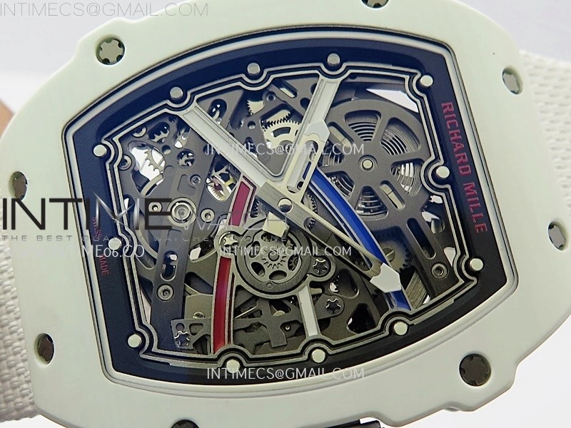 RM67-02 Black Inner Bezel Real White Ceramic 1:1 Best Edition Skeleton Dial On White Nylon strap CRMA7 Clone