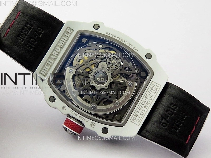 RM67-02 Black Inner Bezel Real White Ceramic 1:1 Best Edition Skeleton Dial On White Nylon strap CRMA7 Clone