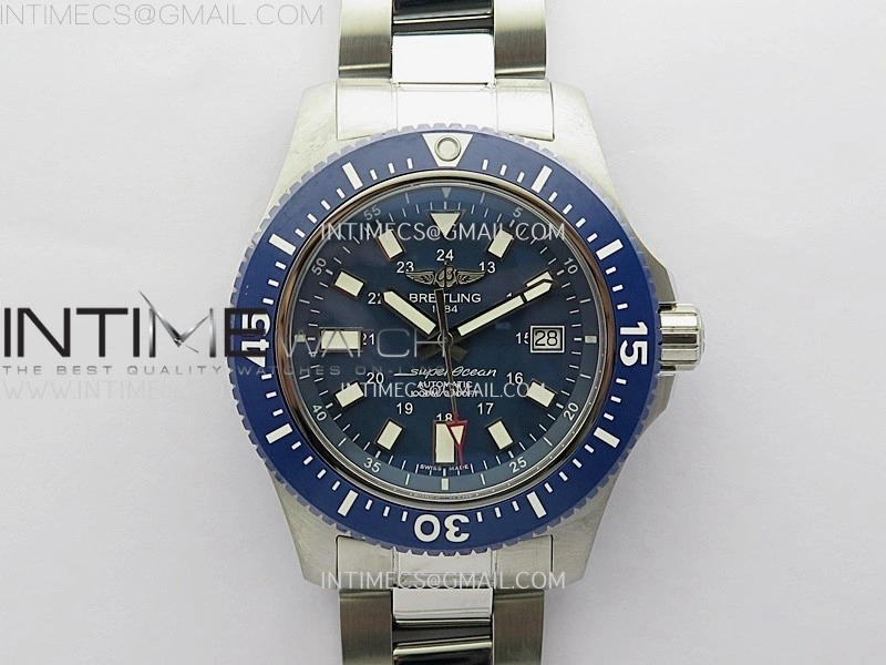 SuperOcean 44mm Special Black Ceramic EF 1:1 Best Edition Blue Dial on SS Bracelet A2824