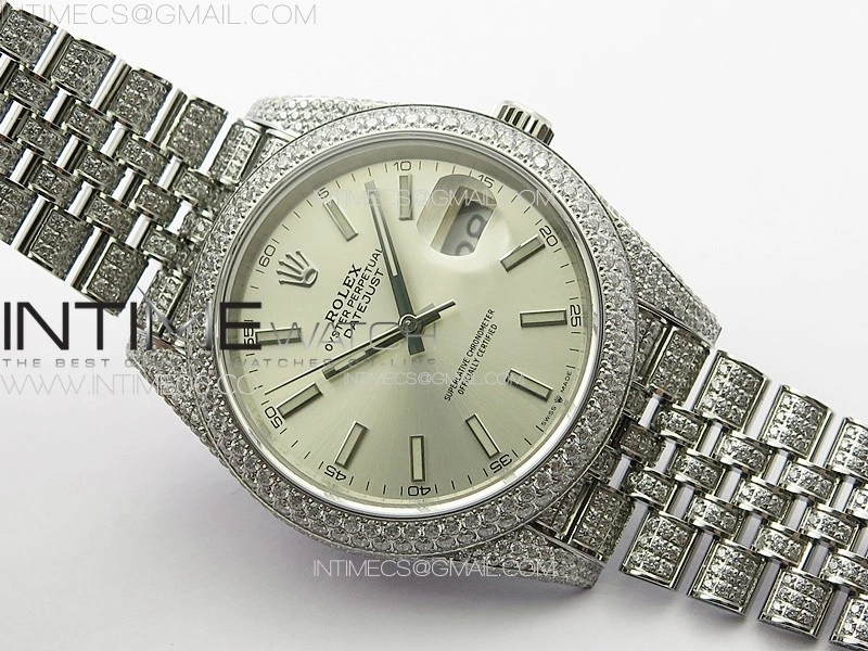 DateJust 41 126334 Full Paved Diamonds BP Best Edition Silevr Dial Sticks Markers on Jubilee Bracelet A2824
