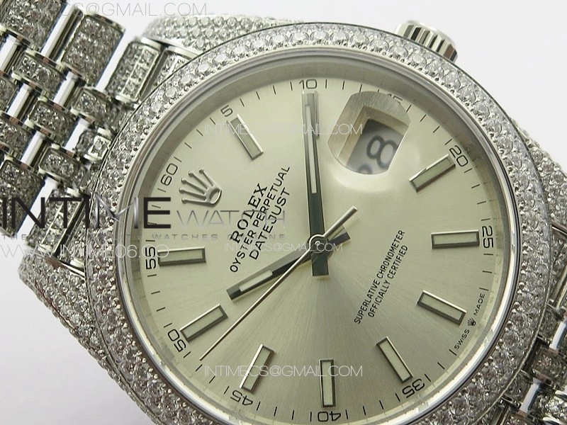 DateJust 41 126334 Full Paved Diamonds BP Best Edition Silevr Dial Sticks Markers on Jubilee Bracelet A2824
