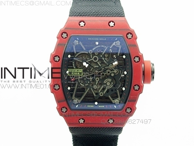 RM 035-2 Red Forged Carbon Black Inner Bezel Skeleton Dial on Black Nylon Strap MIYOTA9015