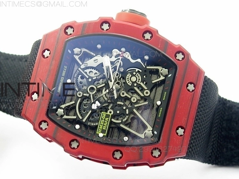 RM 035-2 Red Forged Carbon Black Inner Bezel Skeleton Dial on Black Nylon Strap MIYOTA9015