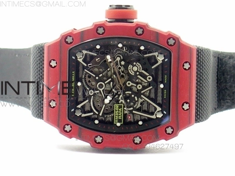 RM 035-2 Red Forged Carbon Black Inner Bezel Skeleton Dial on Black Nylon Strap MIYOTA9015