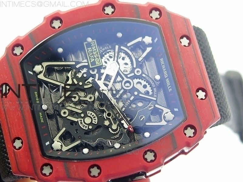 RM 035-2 Red Forged Carbon Black Inner Bezel Skeleton Dial on Black Nylon Strap MIYOTA9015