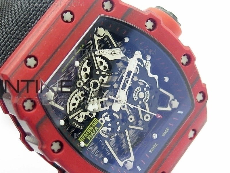 RM 035-2 Red Forged Carbon Black Inner Bezel Skeleton Dial on Black Nylon Strap MIYOTA9015