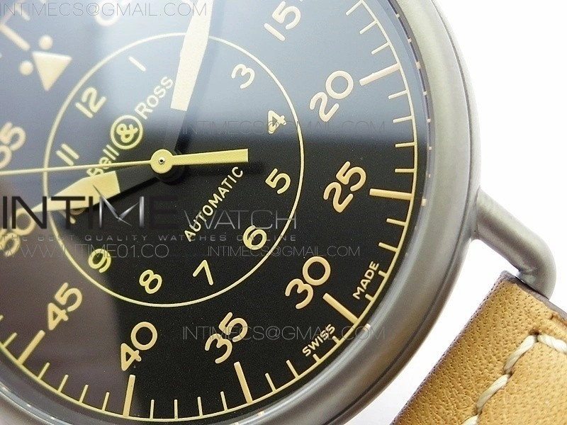 BR WW1-92 Satin-polished steel Case 1:1 Best Edition Black Dial Vintage Markers on Leather Strap MIYOTA 9015