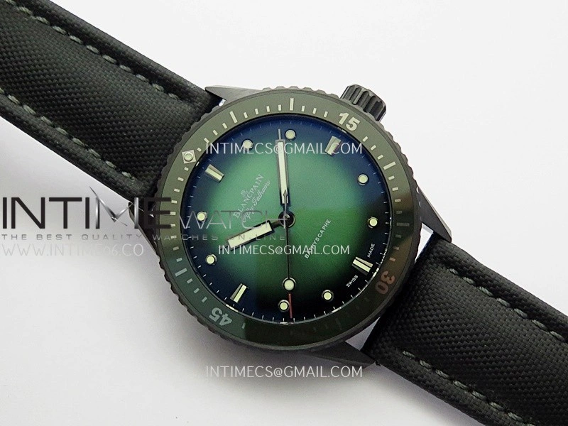 Fifty Fathoms Bathyscaphe Green Ceramic GF 1:1 Best Edition Green Ombre Dial On Black Sail-Canvas Strap A1315