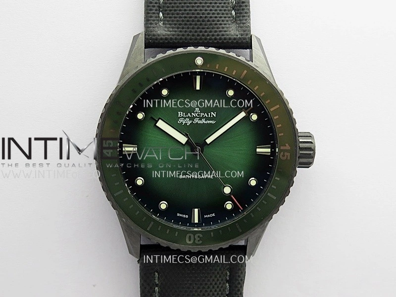 Fifty Fathoms Bathyscaphe Green Ceramic GF 1:1 Best Edition Green Ombre Dial On Black Sail-Canvas Strap A1315