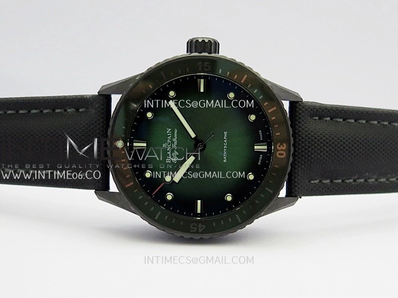 Fifty Fathoms Bathyscaphe Green Ceramic GF 1:1 Best Edition Green Ombre Dial On Black Sail-Canvas Strap A1315