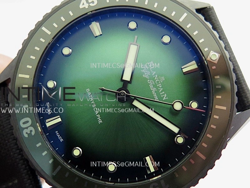 Fifty Fathoms Bathyscaphe Green Ceramic GF 1:1 Best Edition Green Ombre Dial On Black Sail-Canvas Strap A1315