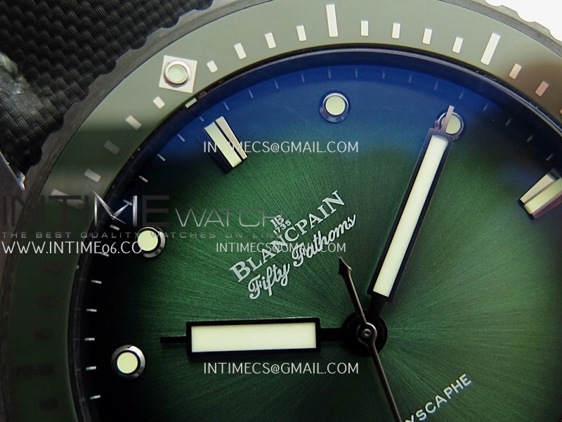 Fifty Fathoms Bathyscaphe Green Ceramic GF 1:1 Best Edition Green Ombre Dial On Black Sail-Canvas Strap A1315