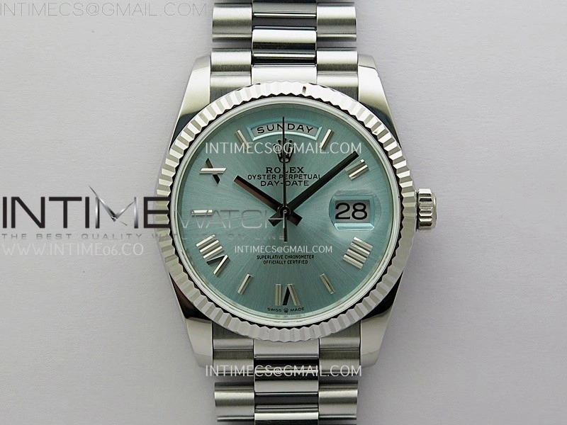 Day Date 128239 Gain Weight SS QF 1:1 Best Edition Ice Blue Dial Roman Markers on SS President Bracelet