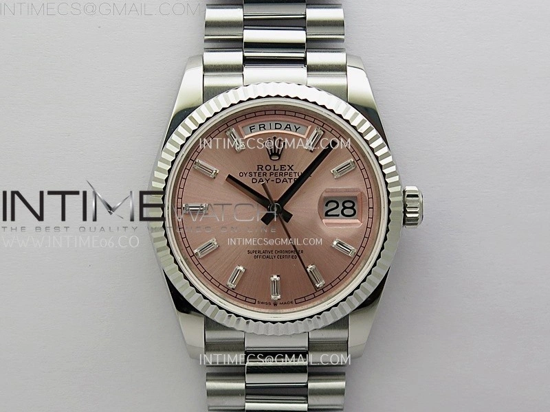 Day Date 128239 Gain Weight SS QF 1:1 Best Edition Pink Dial T-Diamond Markers on SS President Bracelet