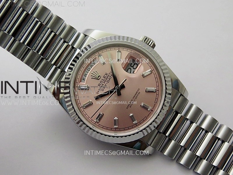 Day Date 128239 Gain Weight SS QF 1:1 Best Edition Pink Dial T-Diamond Markers on SS President Bracelet
