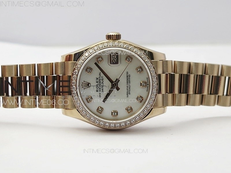 DateJust 31mm RG Crystals Bezel APSF Best Edition White MOP Dial Crystals Markers on President Bracelet A2824