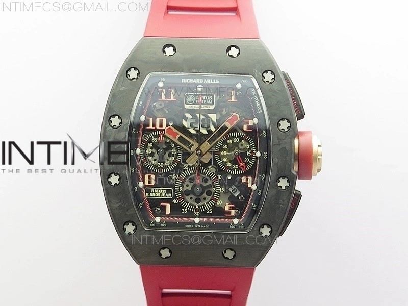 RM011 Carbon Case Carbon Bezel Chronograph KVF 1:1 Best Edition Skeleton Dial Red RG on Red Rubber Strap A7750