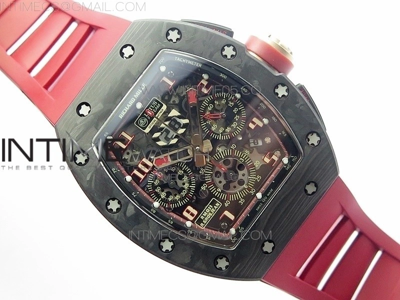 RM011 Carbon Case Carbon Bezel Chronograph KVF 1:1 Best Edition Skeleton Dial Red RG on Red Rubber Strap A7750
