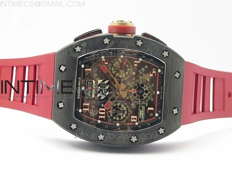 RM011 Carbon Case Carbon Bezel Chronograph KVF 1:1 Best Edition Skeleton Dial Red RG on Red Rubber Strap A7750