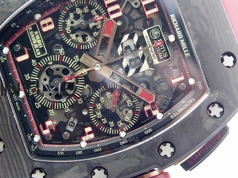 RM011 Carbon Case Carbon Bezel Chronograph KVF 1:1 Best Edition Skeleton Dial Red RG on Red Rubber Strap A7750