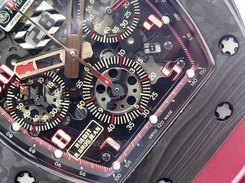 RM011 Carbon Case Carbon Bezel Chronograph KVF 1:1 Best Edition Skeleton Dial Red RG on Red Rubber Strap A7750