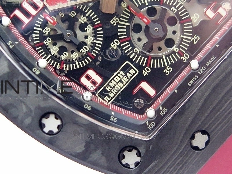 RM011 Carbon Case Carbon Bezel Chronograph KVF 1:1 Best Edition Skeleton Dial Red RG on Red Rubber Strap A7750