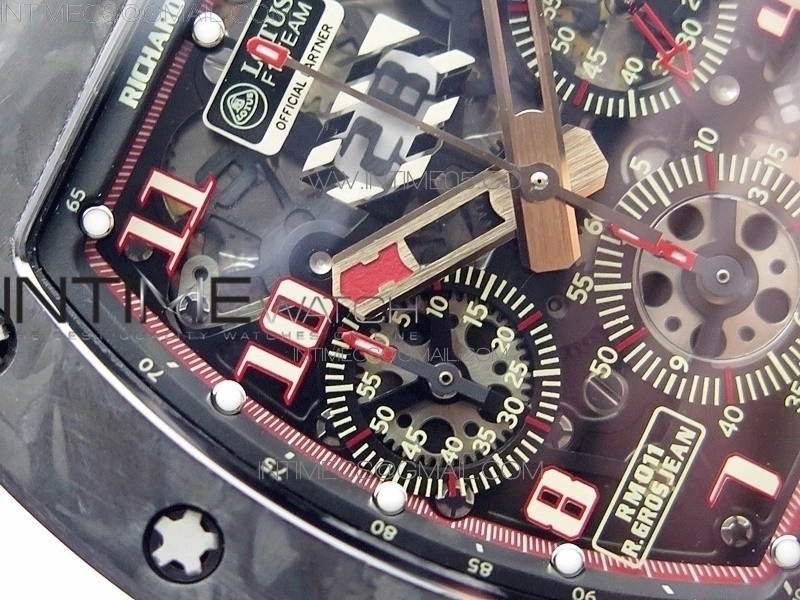 RM011 Carbon Case Carbon Bezel Chronograph KVF 1:1 Best Edition Skeleton Dial Red RG on Red Rubber Strap A7750