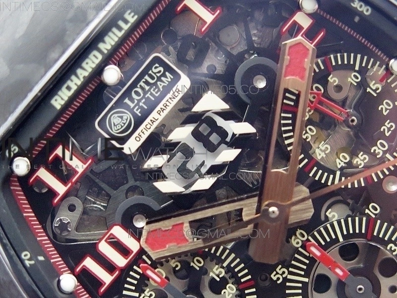 RM011 Carbon Case Carbon Bezel Chronograph KVF 1:1 Best Edition Skeleton Dial Red RG on Red Rubber Strap A7750